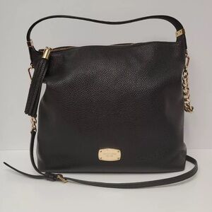 Michael Kors Bedford Large Pebble Leather Top Zip Shoulder Bag Black Gold...